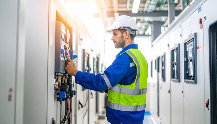 Técnico realizando manutenção em painel elétrico industrial
