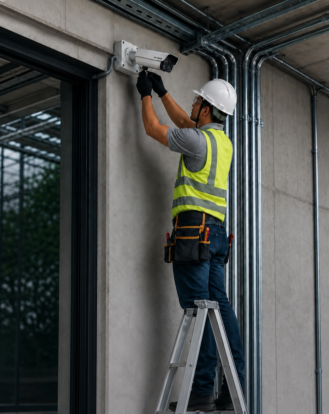 Técnico da Kaiowá Engenharia instalando câmera de segurança em obra